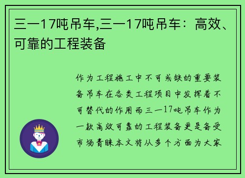 三一17吨吊车,三一17吨吊车：高效、可靠的工程装备