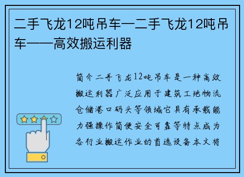 二手飞龙12吨吊车—二手飞龙12吨吊车——高效搬运利器
